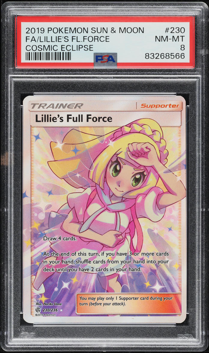 2019 POKEMON SUN & MOON COSMIC ECLIPSE FULL ART LILLIE'S FULL FORCE #230 PSA 8