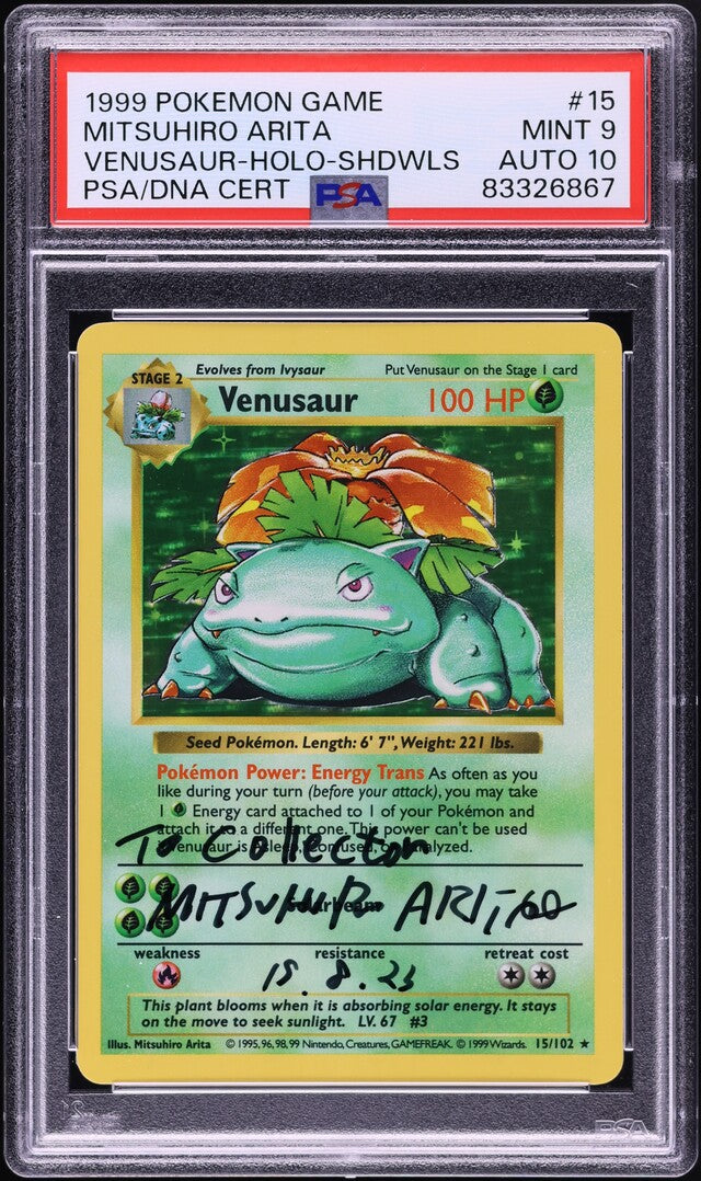 1999 POKEMON BASE SET SHADOWLESS HOLO VENUSAUR #15 ARITA AUTO 10 PSA 9