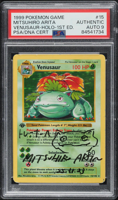 1999 POKEMON BASE SET SHADOWLESS 1ST EDITION HOLO VENUSAUR #15 ARITA AUTO 9 PSA AUTH