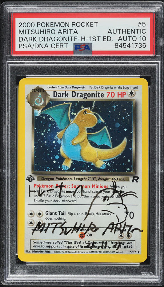 2000 POKEMON TEAM ROCKET 1ST EDITION HOLO DARK DRAGONITE #5 ARITA AUTO 10 PSA AUTH