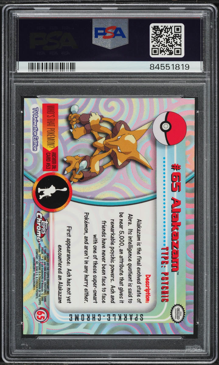 2000 TOPPS CHROME POKEMON SERIES 1 SPARKLE ALAKAZAM #65 PSA 10 GEM MINT