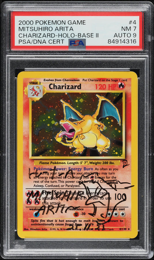 2000 POKEMON BASE SET 2 HOLO CHARIZARD SKETCH #4 ARITA AUTO 9 PSA 7