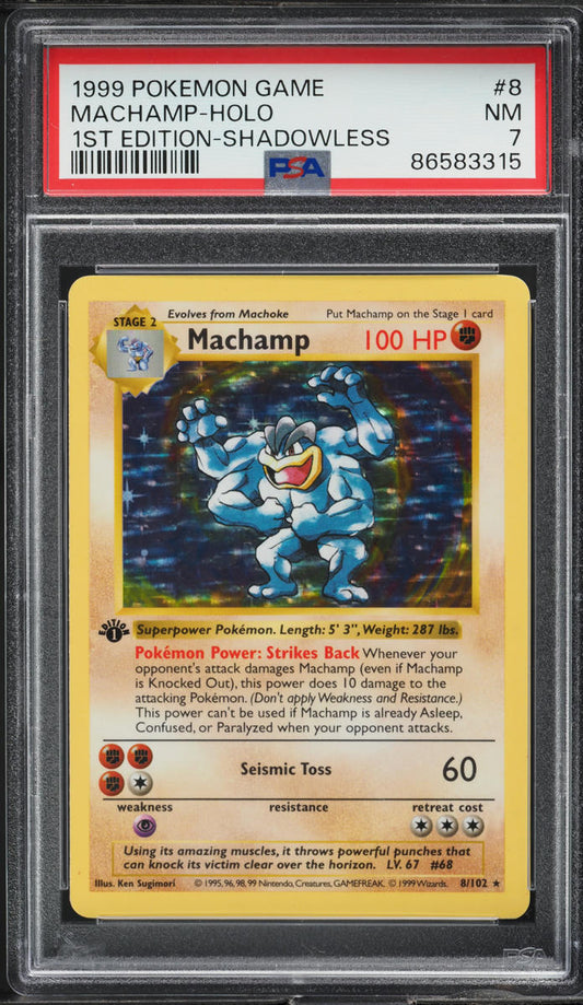 1999 POKEMON BASE SET SHADOWLESS 1ST EDITION HOLO MACHAMP #8 PSA 7 NRMT