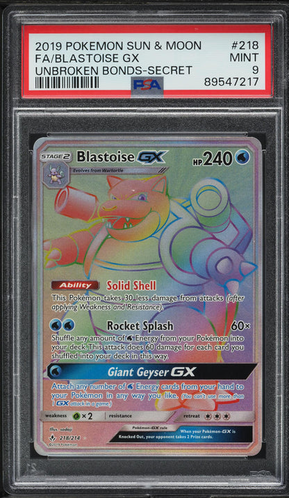 2019 POKEMON SM UNBROKEN BONDS HYPER RARE BLASTOISE GX #218 PSA 9 MINT