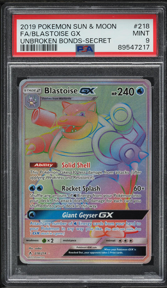 2019 POKEMON SM UNBROKEN BONDS HYPER RARE BLASTOISE GX #218 PSA 9 MINT