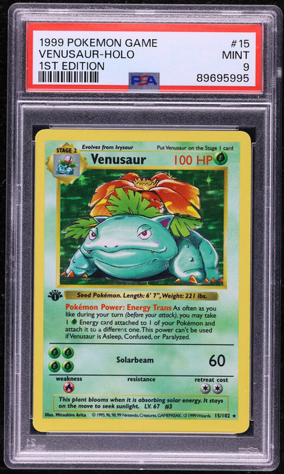 1999 POKEMON BASE SET SHADOWLESS 1ST EDITION HOLO VENUSAUR #15 PSA 9 MINT