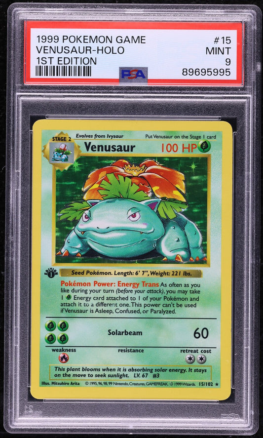 1999 POKEMON BASE SET SHADOWLESS 1ST EDITION HOLO VENUSAUR #15 PSA 9 MINT
