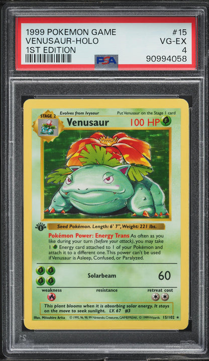 1999 POKEMON BASE SET SHADOWLESS 1ST EDITION HOLO VENUSAUR #15 PSA 4 VGEX