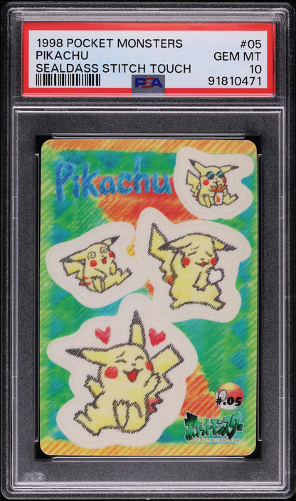 1998 POKEMON JAPANESE SEALDASS STITCH TOUCH PIKACHU #5 PSA 10 GEM MINT