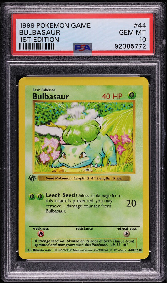 1999 POKEMON BASE SET SHADOWLESS 1ST EDITION BULBASAUR #44 PSA 10 GEM MINT