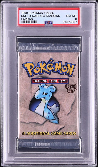 1999 POKEMON FOSSIL NARROW MARGINS LAPRAS BOOSTER PACK PSA 8