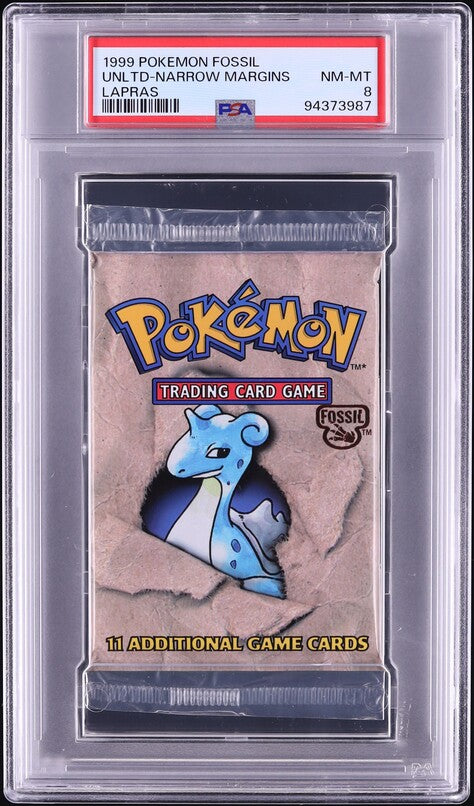 1999 POKEMON FOSSIL NARROW MARGINS LAPRAS BOOSTER PACK PSA 8