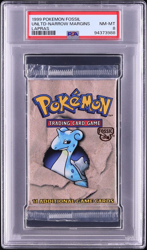 1999 POKEMON FOSSIL NARROW MARGINS LAPRAS BOOSTER PACK PSA 8