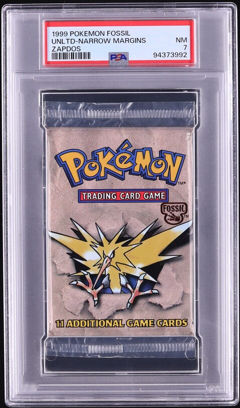 1999 POKEMON FOSSIL NARROW MARGINS ZAPDOS BOOSTER PACK PSA 7