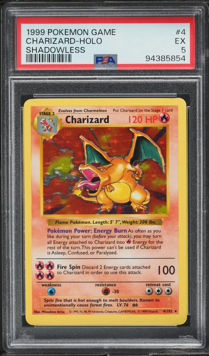 1999 POKEMON BASE SET SHADOWLESS HOLO CHARIZARD #4 PSA 5 EX