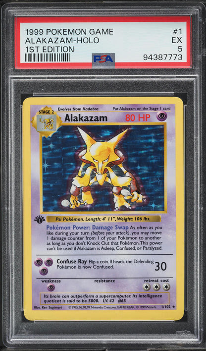 1999 POKEMON BASE SET SHADOWLESS 1ST EDITION HOLO ALAKAZAM #1 PSA 5 EX