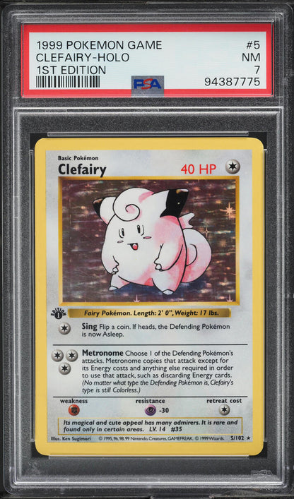 1999 POKEMON BASE SET SHADOWLESS 1ST EDITION HOLO CLEFAIRY #5 PSA 7 NRMT