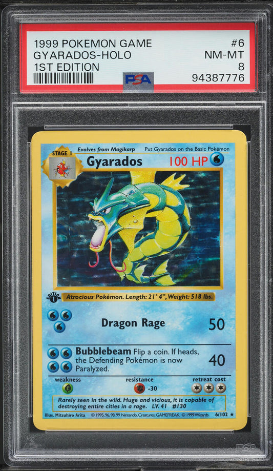 1999 POKEMON BASE SET SHADOWLESS 1ST EDITION HOLO GYARADOS #6 PSA 8 NM-MT