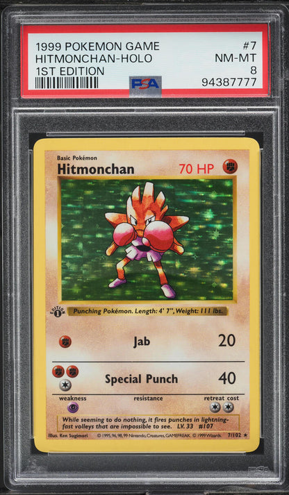 1999 POKEMON BASE SET SHADOWLESS 1ST EDITION HOLO HITMONCHAN #7 PSA 8 NM-MT