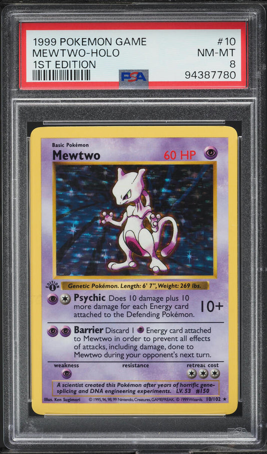 1999 POKEMON BASE SET SHADOWLESS 1ST EDITION HOLO MEWTWO #10 PSA 8 NM-MT