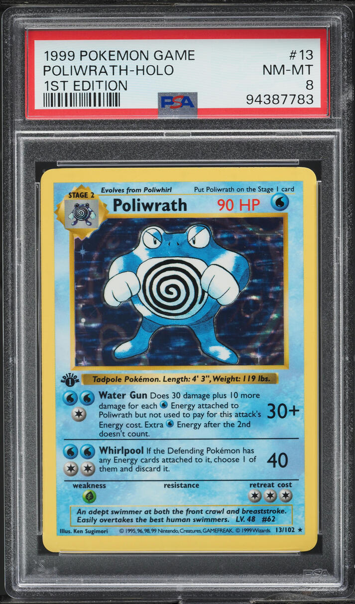 1999 POKEMON BASE SET SHADOWLESS 1ST EDITION HOLO POLIWRATH #13 PSA 8 NM-MT