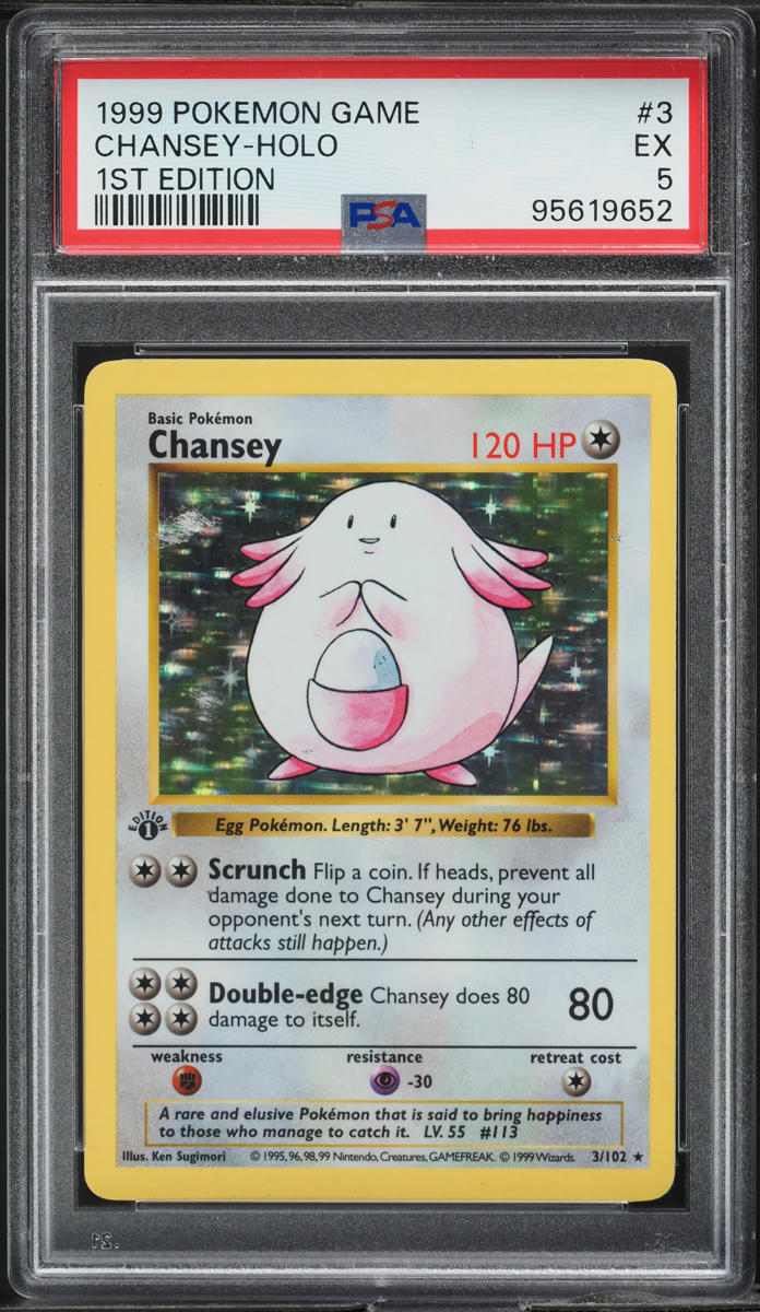 1999 POKEMON BASE SET SHADOWLESS 1ST EDITION HOLO CHANSEY #3 PSA 5 EX