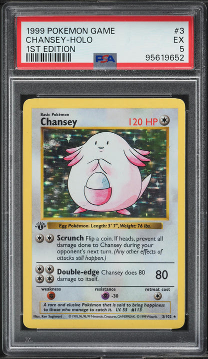 1999 POKEMON BASE SET SHADOWLESS 1ST EDITION HOLO CHANSEY #3 PSA 5 EX