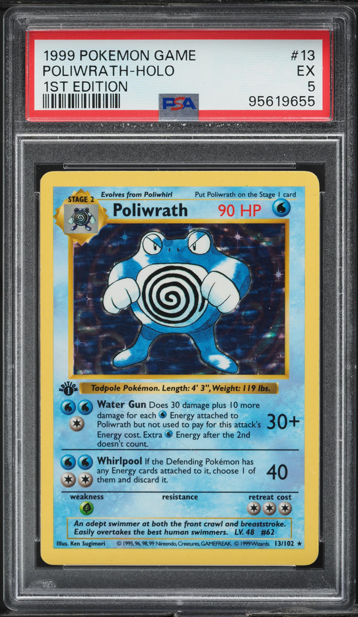 1999 POKEMON BASE SET SHADOWLESS 1ST EDITION HOLO POLIWRATH #13 PSA 5 EX