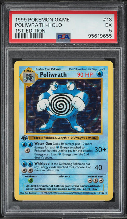 1999 POKEMON BASE SET SHADOWLESS 1ST EDITION HOLO POLIWRATH #13 PSA 5 EX