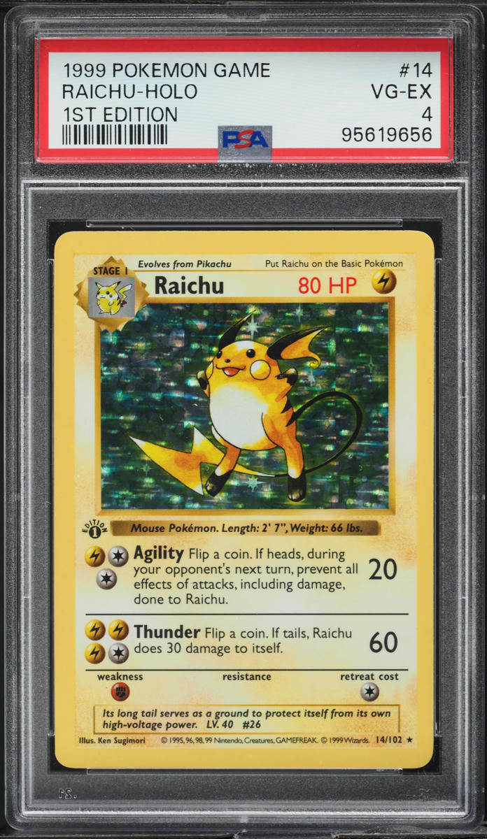 1999 POKEMON BASE SET SHADOWLESS 1ST EDITION HOLO RAICHU #14 PSA 4 VGEX