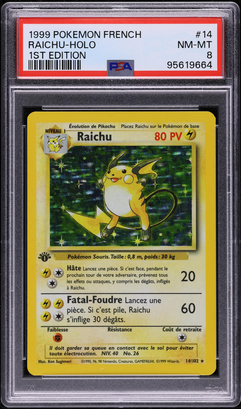 1999 POKEMON FRENCH BASE SET 1ST EDITION HOLO RAICHU #14 PSA 8 NM-MT