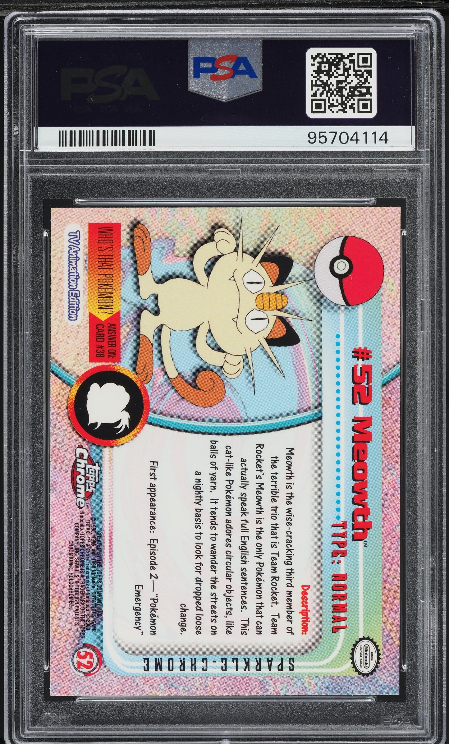 2000 TOPPS CHROME POKEMON SERIES 1 SPARKLE MEOWTH #52 PSA 10 GEM MINT