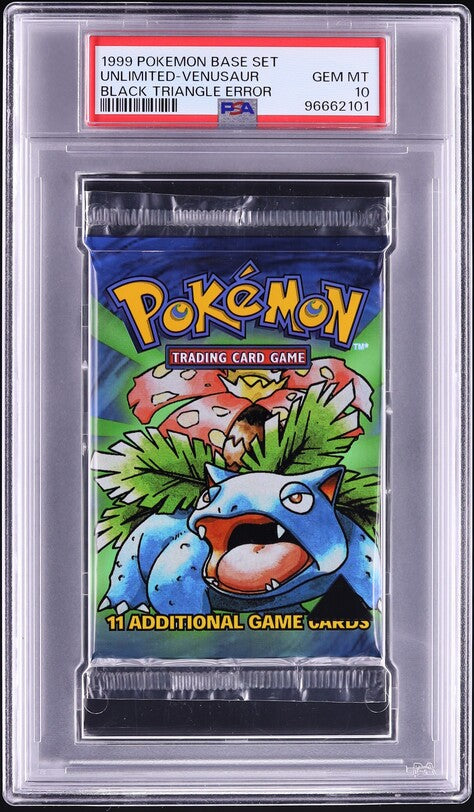 1999 POKEMON BASE SET BLACK TRIANGLE ERROR VENUSAUR BOOSTER PACK PSA 10