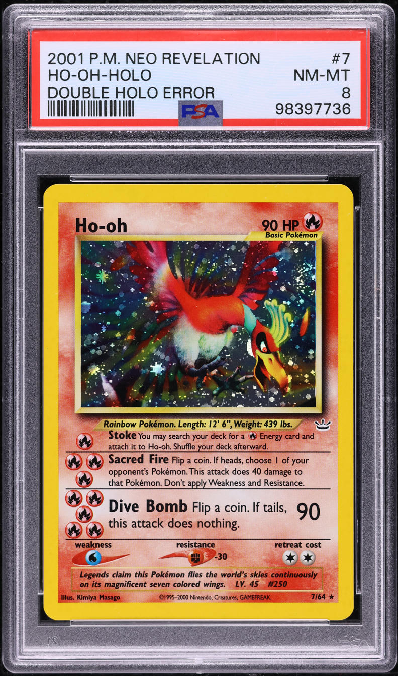 2001 POKEMON NEO REVELATION DOUBLE HOLO ERROR HO-OH #7 PSA 8