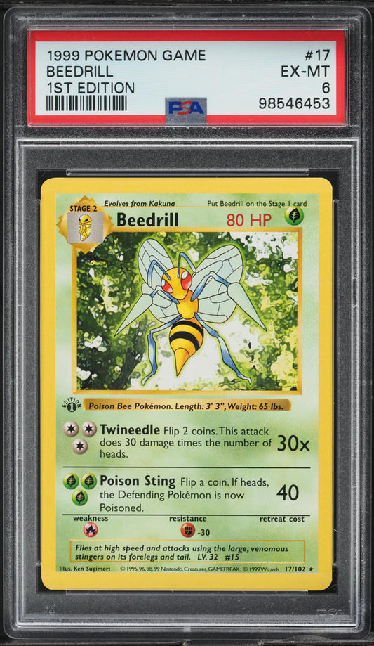 1999 POKEMON BASE SET SHADOWLESS 1ST EDITION BEEDRILL #17 PSA 6 EXMT