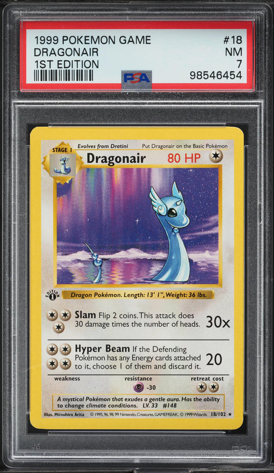 1999 POKEMON BASE SET SHADOWLESS 1ST EDITION DRAGONAIR #18 PSA 7 NRMT