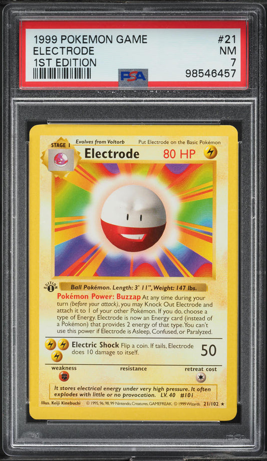 1999 POKEMON BASE SET SHADOWLESS 1ST EDITION ELECTRODE #21 PSA 7 NRMT