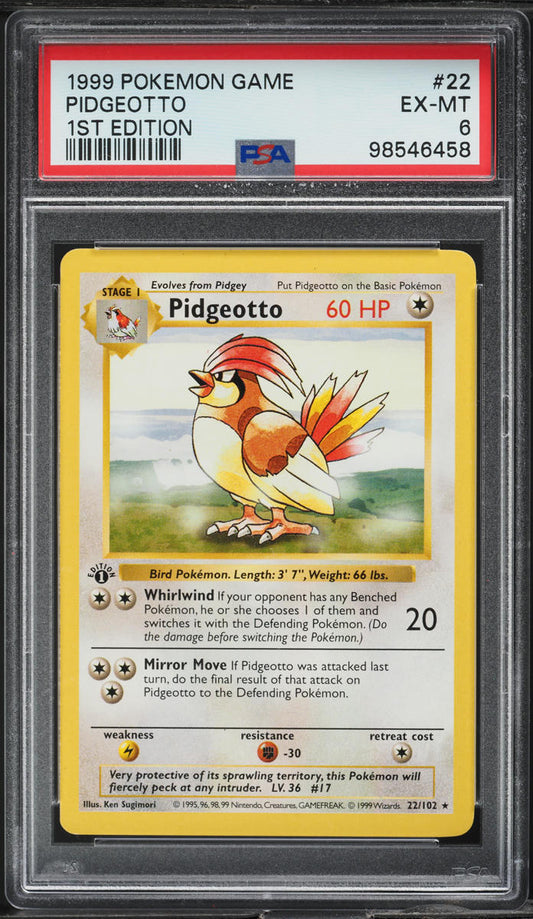 1999 POKEMON BASE SET SHADOWLESS 1ST EDITION PIDGEOTTO #22 PSA 6 EXMT