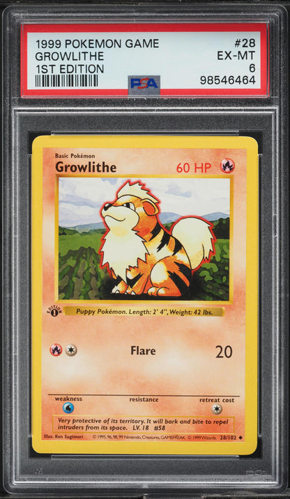 1999 POKEMON BASE SET SHADOWLESS 1ST EDITION GROWLITHE #28 PSA 6 EXMT