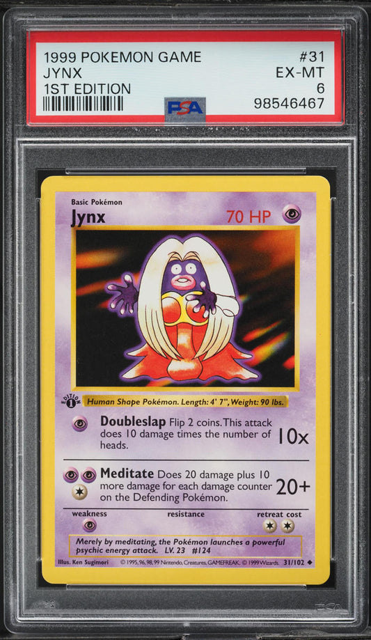 1999 POKEMON BASE SET SHADOWLESS 1ST EDITION JYNX #31 PSA 6 EXMT