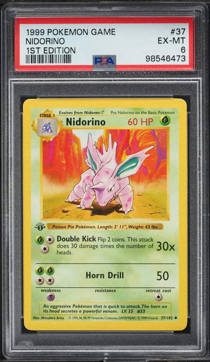 1999 POKEMON BASE SET SHADOWLESS 1ST EDITION NIDORINO #37 PSA 6 EXMT