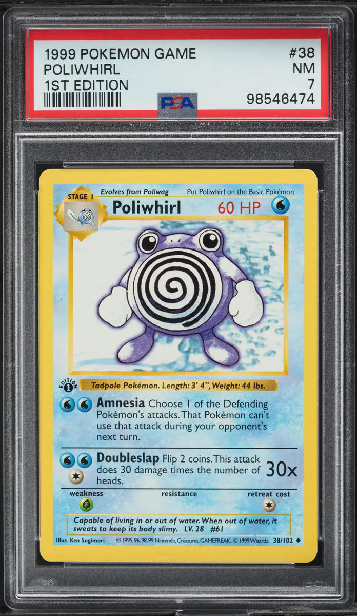 1999 POKEMON BASE SET SHADOWLESS 1ST EDITION POLIWHIRL #38 PSA 7 NRMT