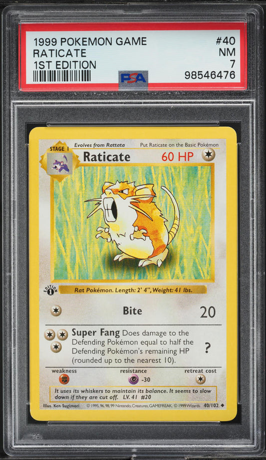 1999 POKEMON BASE SET SHADOWLESS 1ST EDITION RATICATE #40 PSA 7 NRMT