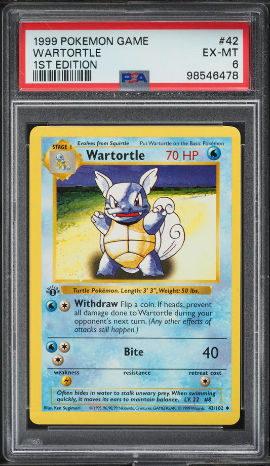 1999 POKEMON BASE SET SHADOWLESS 1ST EDITION WARTORTLE #42 PSA 6 EXMT