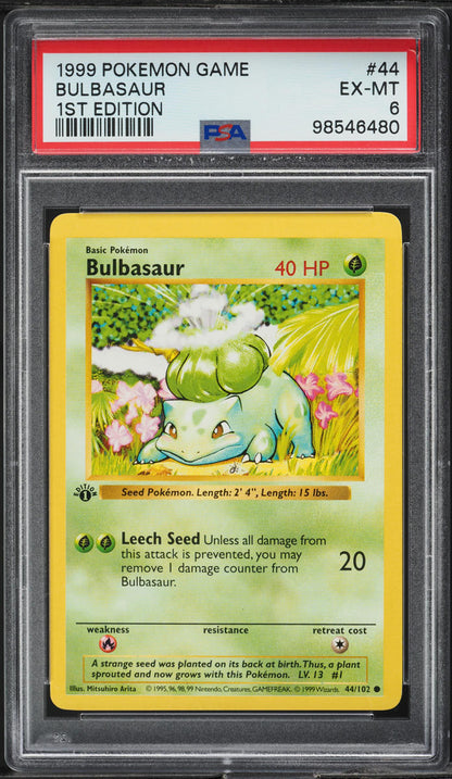 1999 POKEMON BASE SET SHADOWLESS 1ST EDITION BULBASAUR #44 PSA 6 EXMT