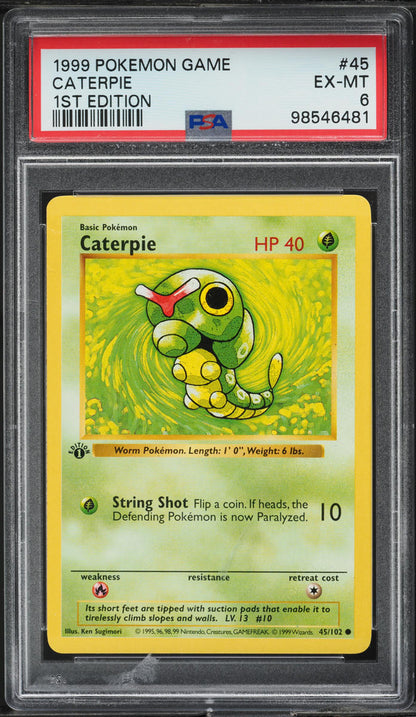 1999 POKEMON BASE SET SHADOWLESS 1ST EDITION CATERPIE #45 PSA 6 EXMT