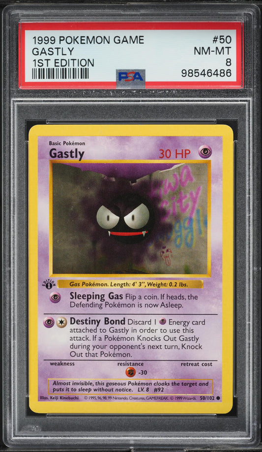 1999 POKEMON BASE SET SHADOWLESS 1ST EDITION GASTLY #50 PSA 8 NM-MT