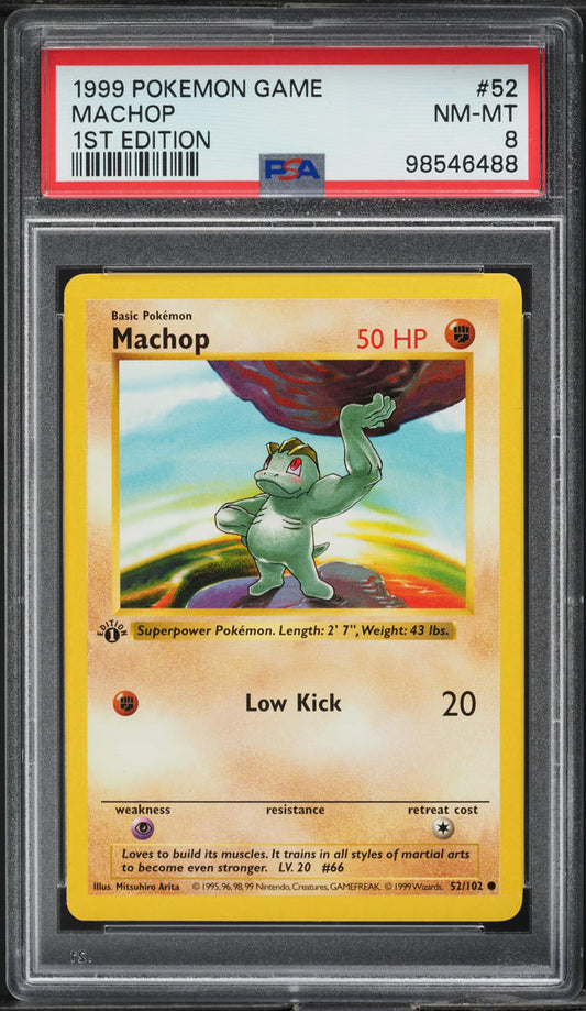 1999 POKEMON BASE SET SHADOWLESS 1ST EDITION MACHOP #52 PSA 8 NM-MT