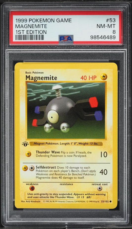 1999 POKEMON BASE SET SHADOWLESS 1ST EDITION MAGNEMITE #53 PSA 8 NM-MT