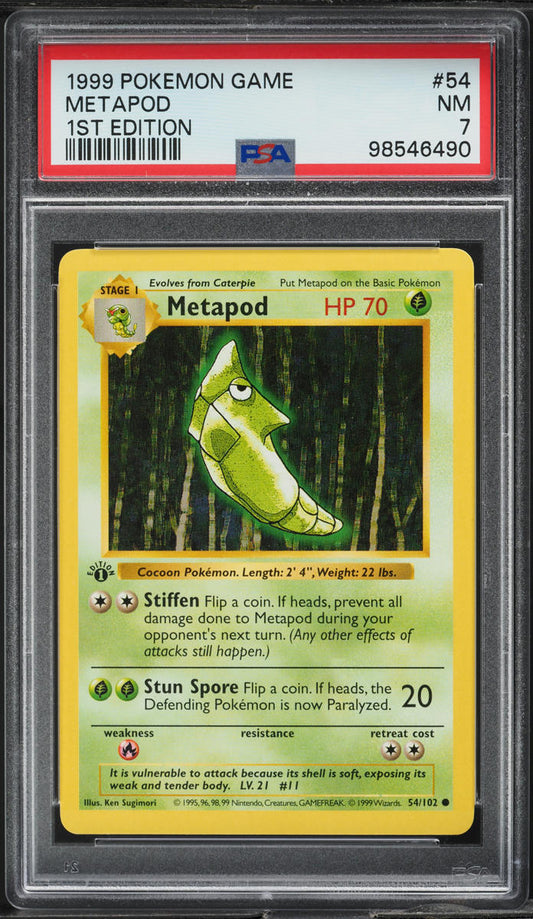 1999 POKEMON BASE SET SHADOWLESS 1ST EDITION METAPOD #54 PSA 7 NRMT